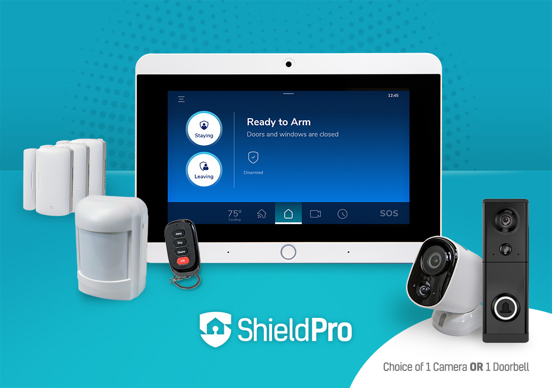 ShieldPro panel, sensors, key fob, choice of camera OR video doorbell