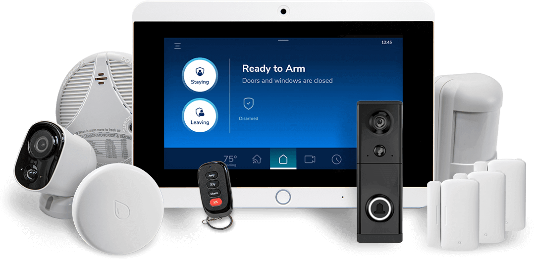 ShieldPro devices including the tablet, outdoor/indoor camera, flood and temperature detector, motion sensor, window and door sensors, smoke and co detector, key fabs, and wireless doorbell camera with white background